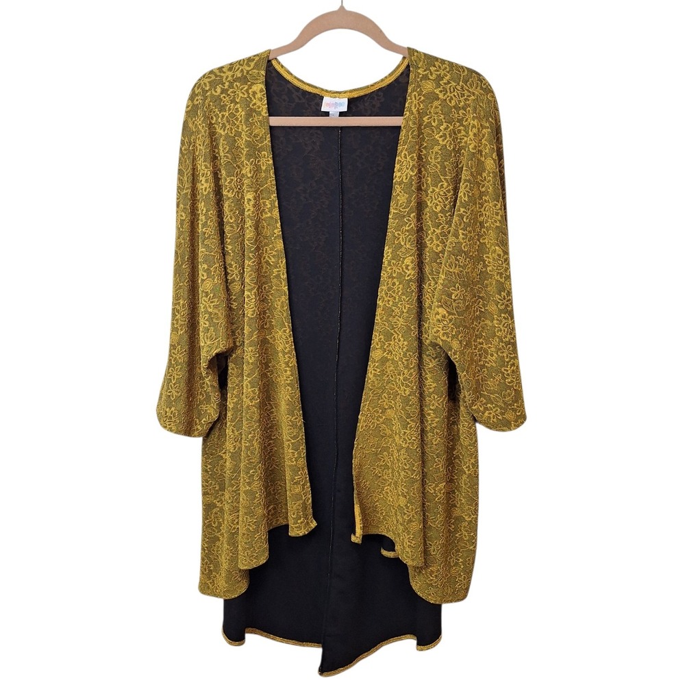 Lularoe Womens Size L Gold Tapestry 3/4 Sleeve Draped Cardigan Kimono Jacket